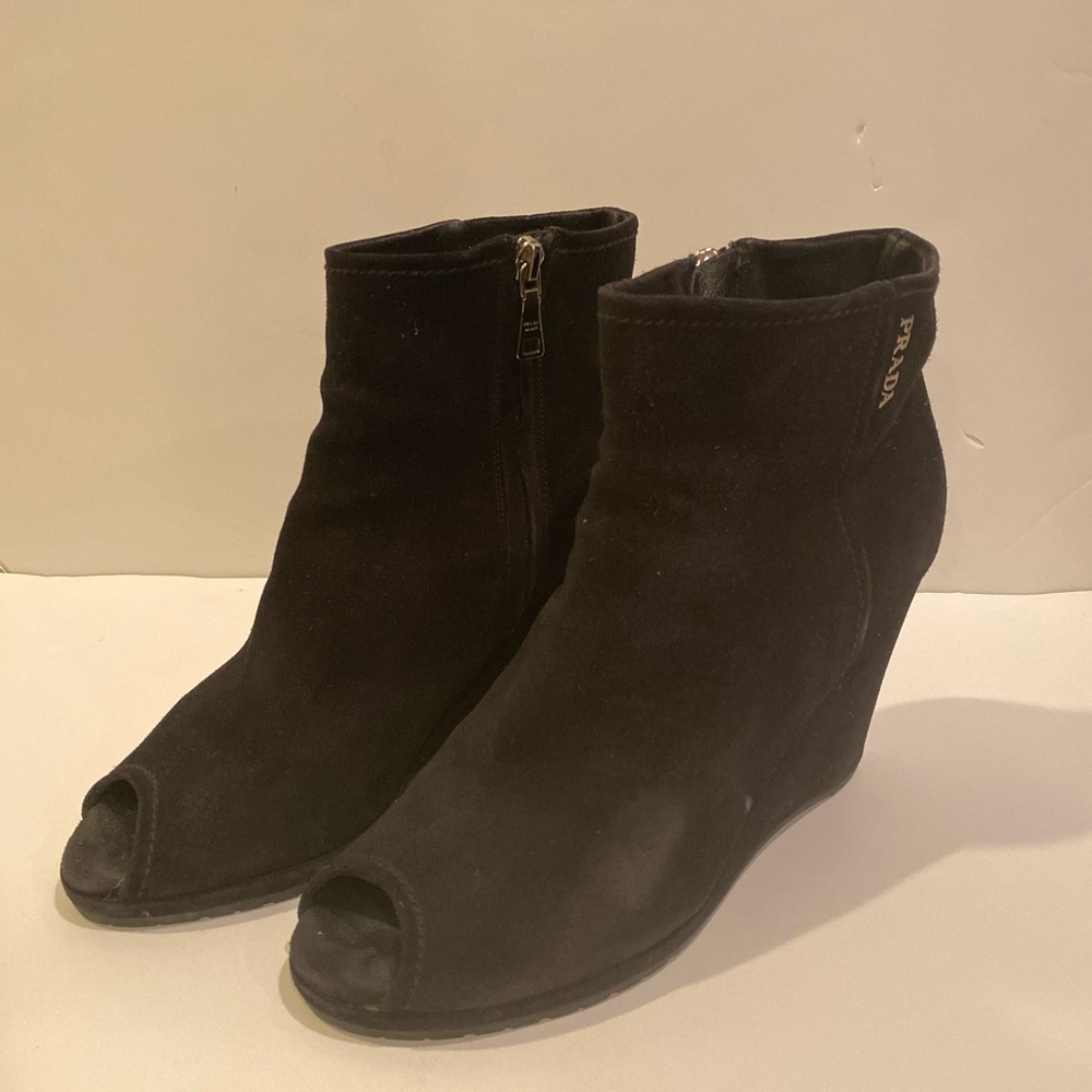 PRADA Black Suède Open Toe Wedge Booties
